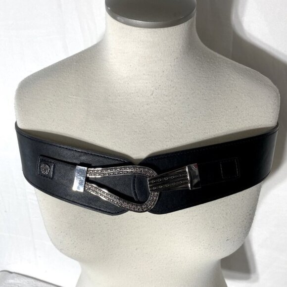Vintage Black Silver Faux Leather Statement Belt - Picture 1 of 13
